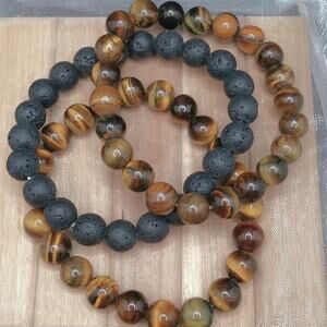 Set of Three Bracelets Tigers Eye Black Lava Stone Diffuser Gemstones Beaded NEW